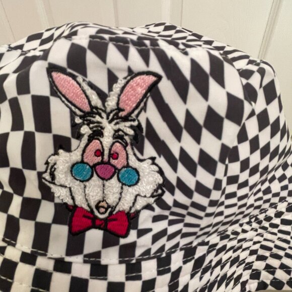 Disney Parks Alice In Wonderland Checkerboard Sherpa Bucket Hat Rabbit NEW - Picture 2 of 3